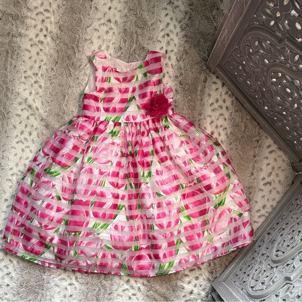 Marmellata pink green floral stripes dress girls size 5 Easter garden party